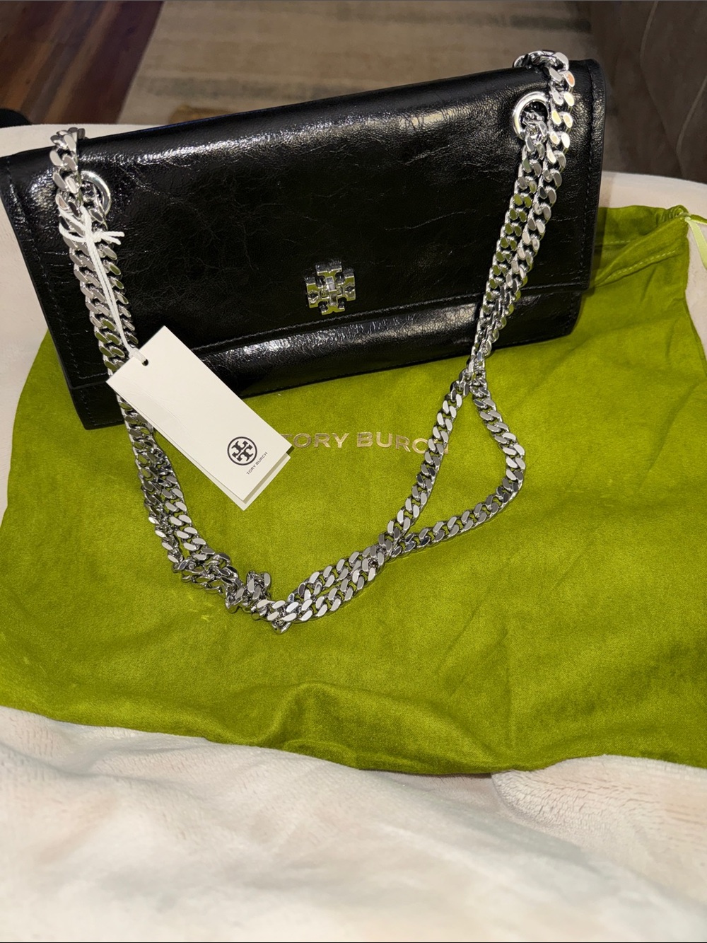 Tory Burch Kira Turnlock Black Leather Chain Shoulder Bag